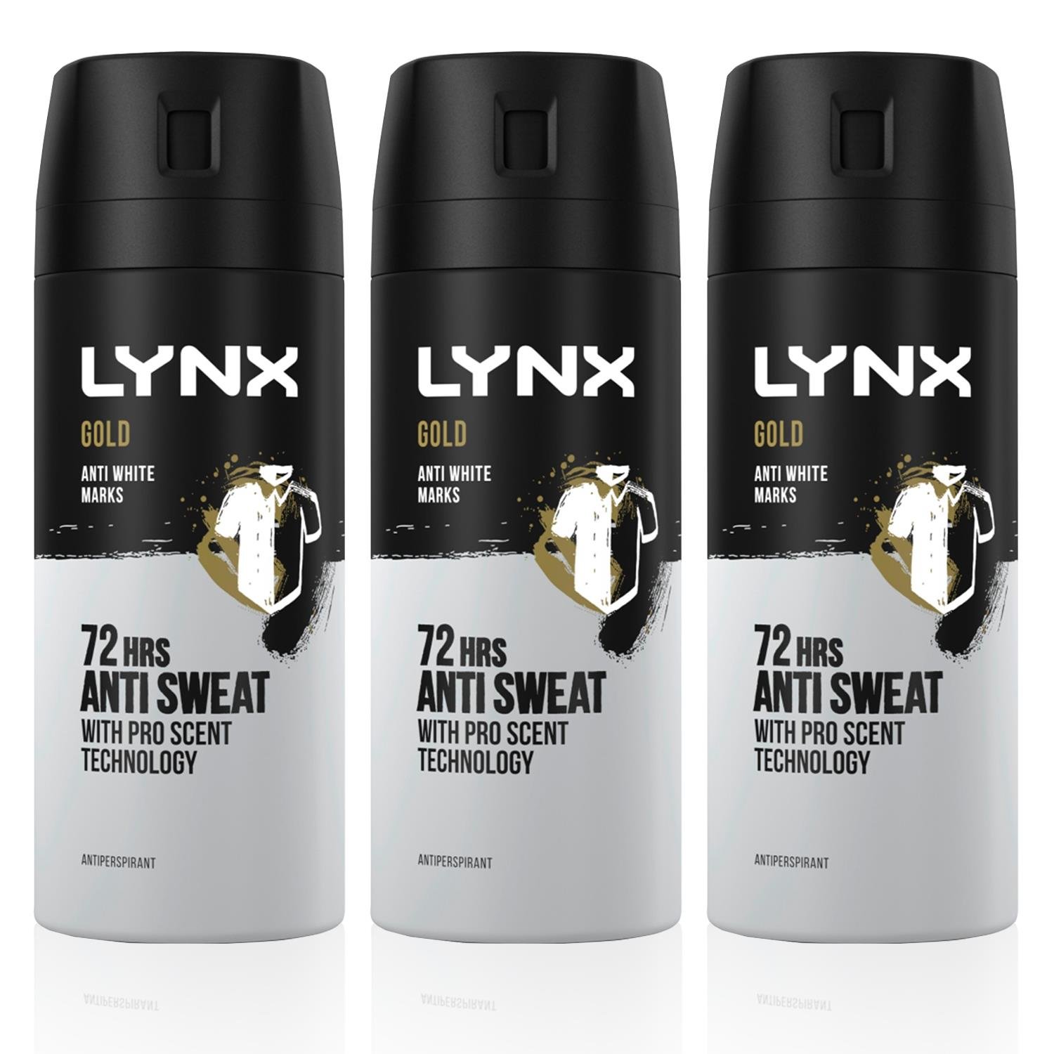 Lynx Gold 72 HRS Anti Sweat Anti-Perspirant Body Spray for Men, 3x150ml