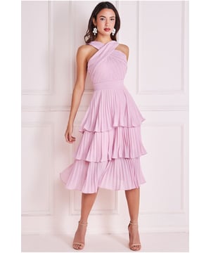 Lavish Alice satin pleated corset bandeau midi dress in lilac – She Selected
