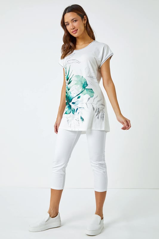 Palm Print Embellished Tunic Top