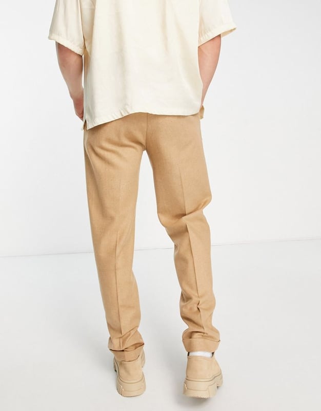 Topman relaxed wool mix trousers with turn up in stone-Neutral