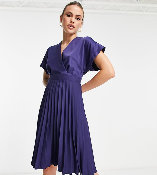 Closet London Tall wrap front pleated midi skater dress in navy