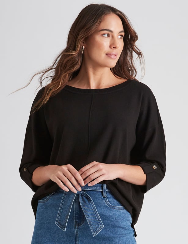 KATIES - Womens Jumpers & Cardigans - Black - Button Cuff Trim Jumper -  100% Cotton - Half Sleeve - Henley - Knit - Relaxed Fit - Women's Clothing