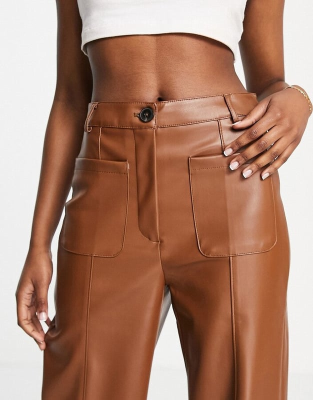 Stradivarius Faux Leather Dad Trousers In Caramel