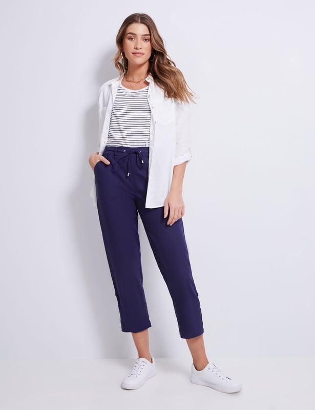 KATIES - Womens Pants - Navy Blue - Linen Blend - Roll Up - Capri Pant -  Calf Length - Tie Front - Mid Rise - Lightweight - Summer Women's Clothing