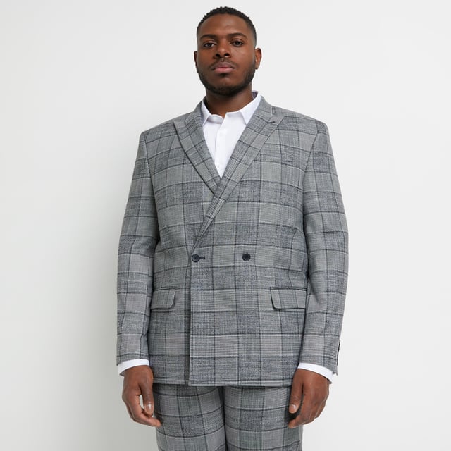 River Island Mens Suit Jacket Blazer Check Big & Tall - Grey
