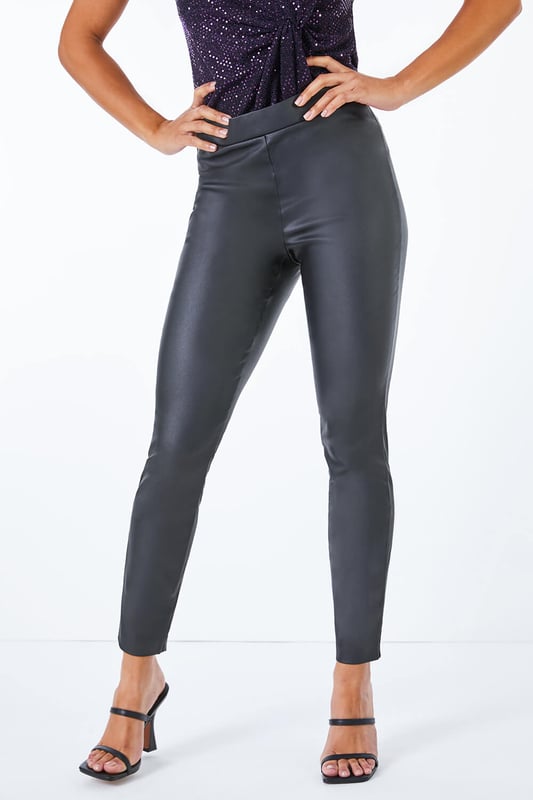 Petite Faux Leather Pull On Trousers