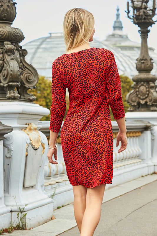 Red Leopard Print Shirred Sleeve Shift Dress