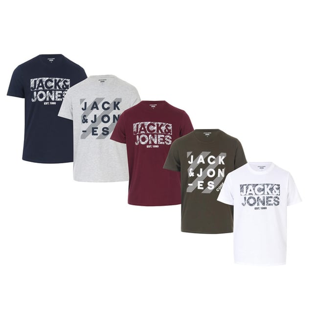 Jack & Jones Men's Five Pack Logo T-shirt, Multipack Short sleeved crew  neck 5pk