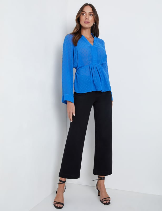 KATIES - Womens Tops - Saphire Blue - Long Sleeve - Texture - Tie Front ...