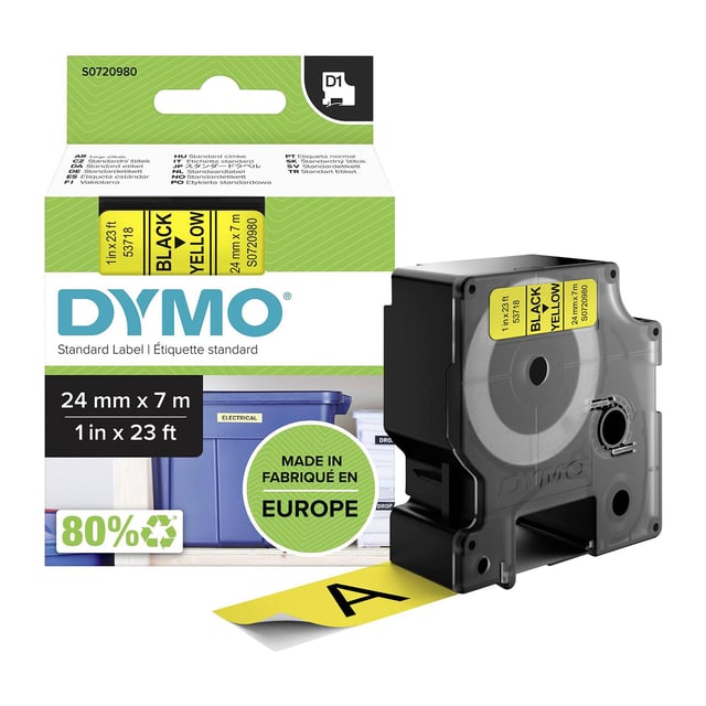 DYMO Labels Self Adhesive D1 24mm x 7mm Black Print on Yellow Tape Authentic