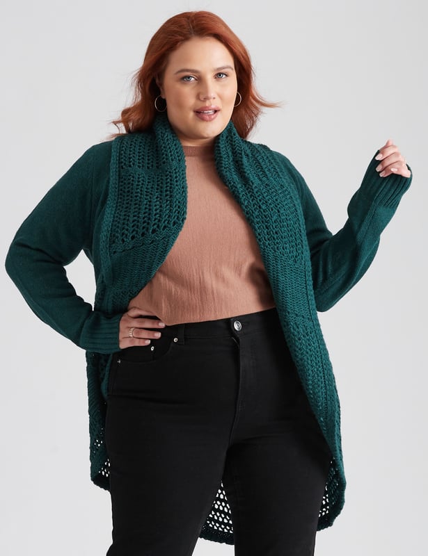 Womens Beme Long Sleeve Crochet Shawl Collar Edge To Edge Cardigan - Plus  Size