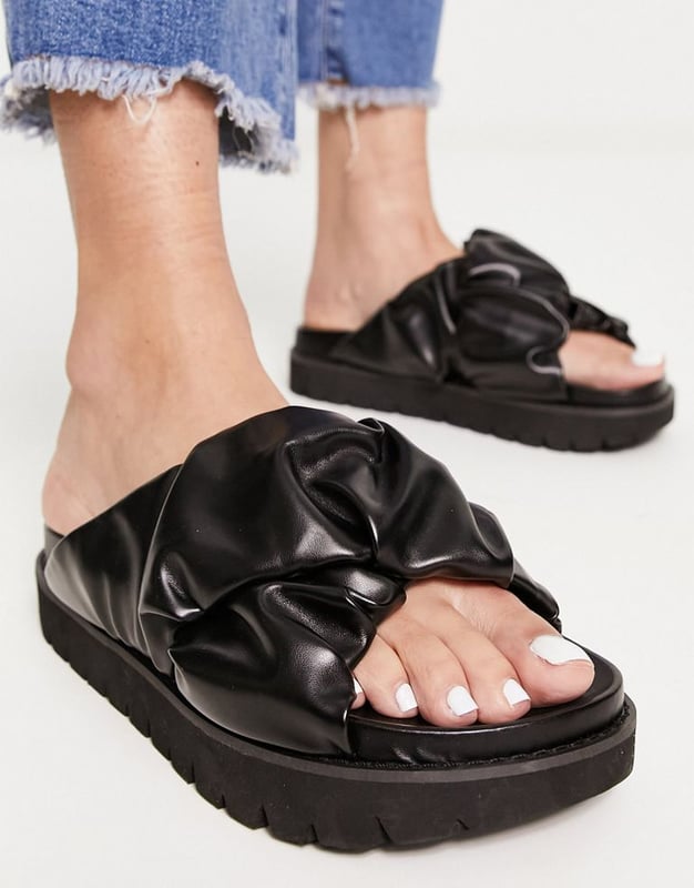 ASOS DESIGN Frazzle ruched flat sandals in black - BLACK