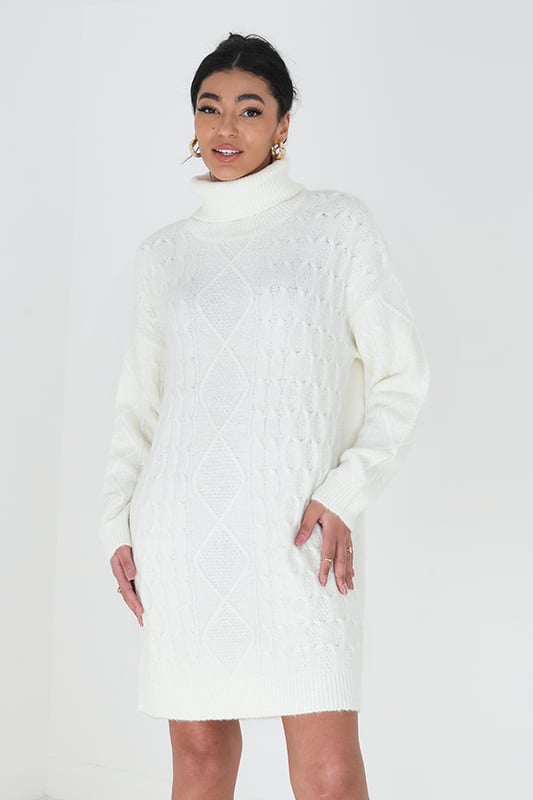 Cream 'Sinbya' Roll Neck Cable Knit Jumper Dress