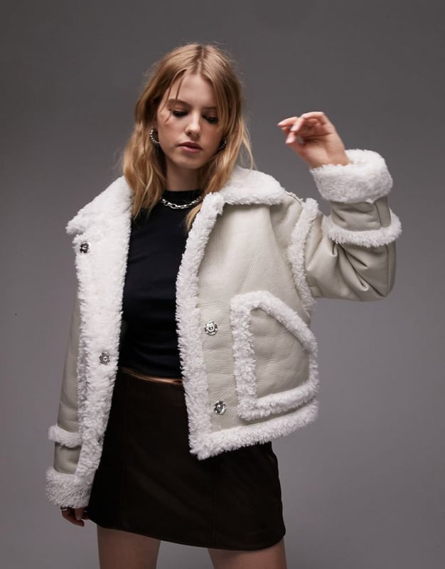 Topshop faux leather cropped car coat with faux fur trims in white