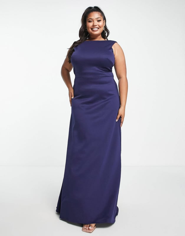 Womens Tfnc Plus Bridesmaid Plunge Front Bow Back Maxi Dress in Navy