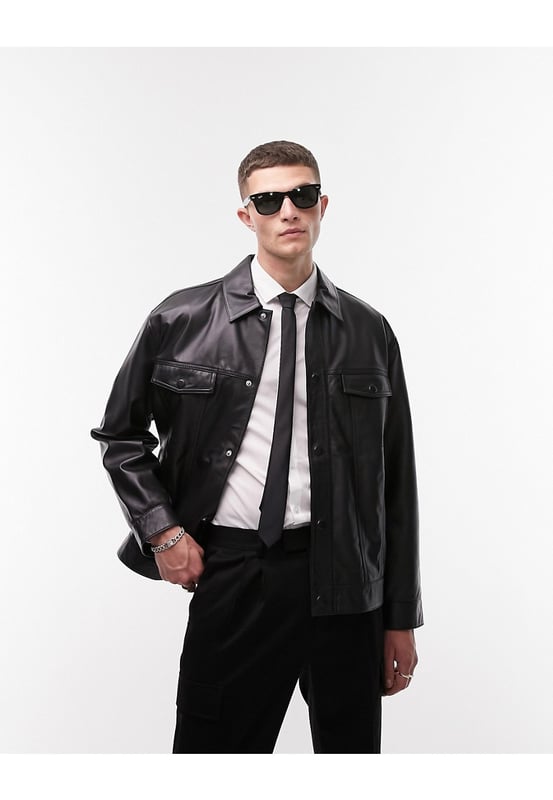 Topman leather western jacket in black