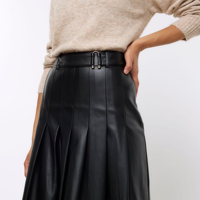 River Island Womens Pleated Midi Skirt Black Faux Leather