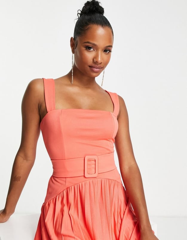 ASOS DESIGN Petite square neck dropped waist belted pleat maxi dress in hot  coral - BPINK