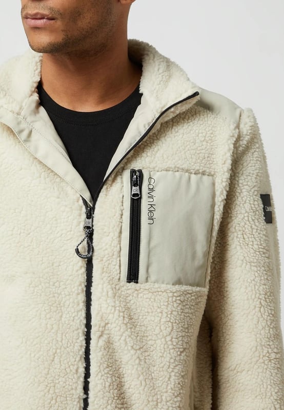 Calvin Klein Zip Through Teddy Fur Fleece Jacket in Stone