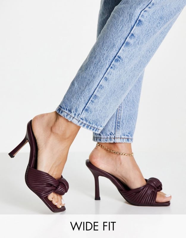 ASOS DESIGN Wide Fit Nadina knotted high heeled mules in burgundy-Red