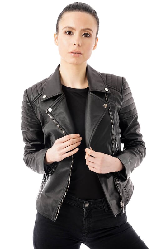 BARNEYS ORIGINALS Ribbed Asymmetric Real Leather Jacket