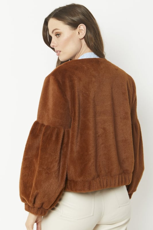 Rounded Sleeve Cropped Faux Fur Jacket Brown, Luxury Womenswear