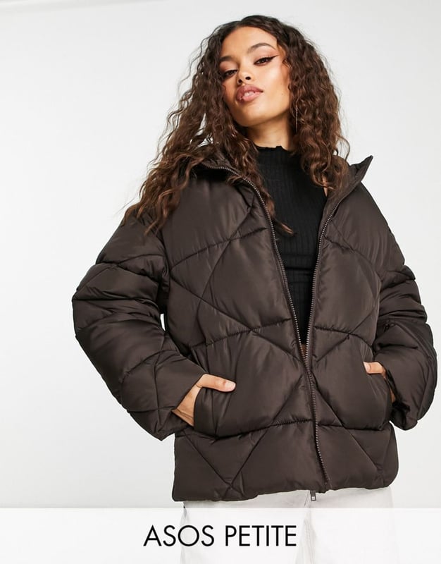 ASOS DESIGN Petite quilted puffer jacket in chocolate - BROWN - BROWN