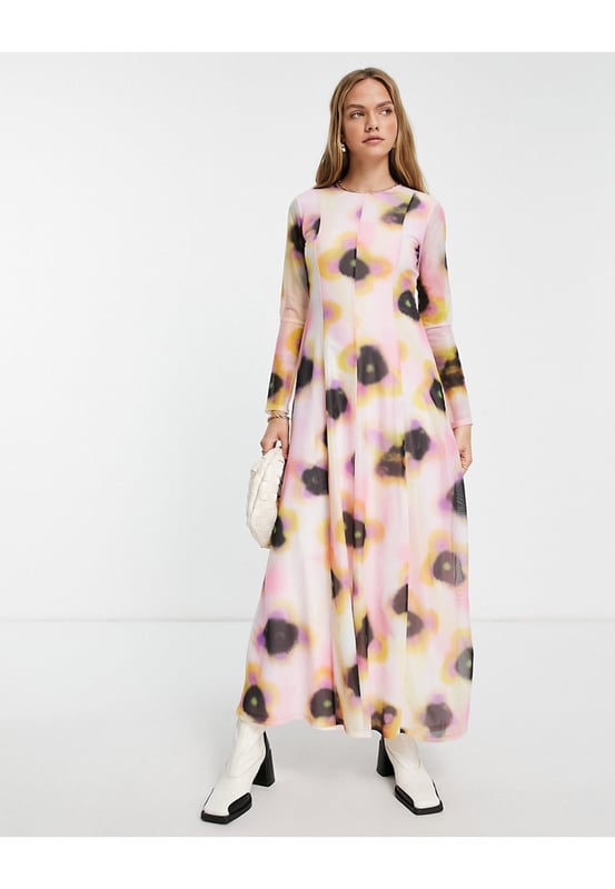 Topshop blurred floral mesh maxi dress in multi